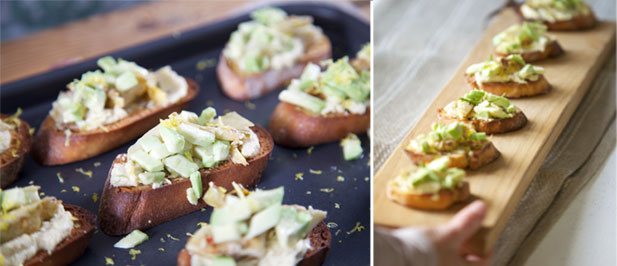 Bruschetta with Hummus, Avocado and Marinated Artichoke