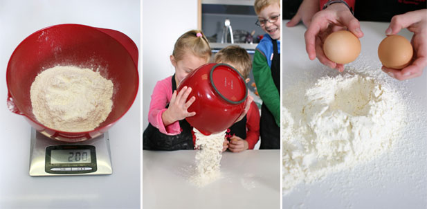 Step 1 of homemade pasta Minichefs busy with step 1 of homemade pasta