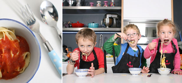 Minichefs enjoying their homemade pasta Minichefs enjoying step 10 of homemade pasta