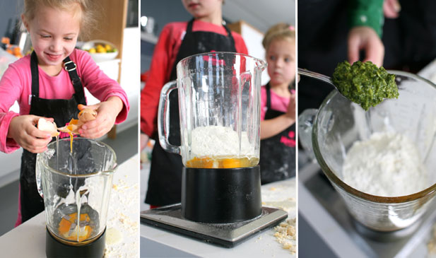 Optional blender step in homemade pasta Minichefs busy with optional blender step of homemade pasta