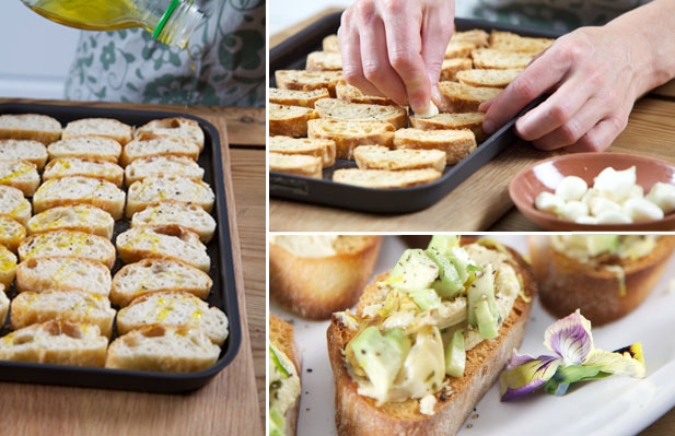 Bruschetta with Hummus, Avocado and Marinated Artichoke