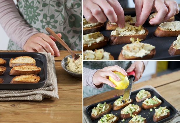 Bruschetta with Hummus, Avocado and Marinated Artichoke
