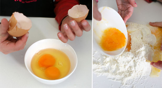 Step 2 and 3 of homemade pasta Minichefs cracking in eggs for homemade pasta