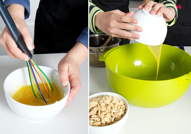 Whisking eggs for date balls Adding eggs to date ball ingredients