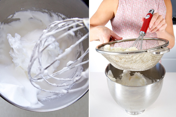Egg whites and almond batter for macarons Macarons are made with an egg white and almond paste